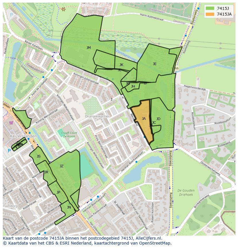 Afbeelding van het postcodegebied 7415 JA op de kaart.