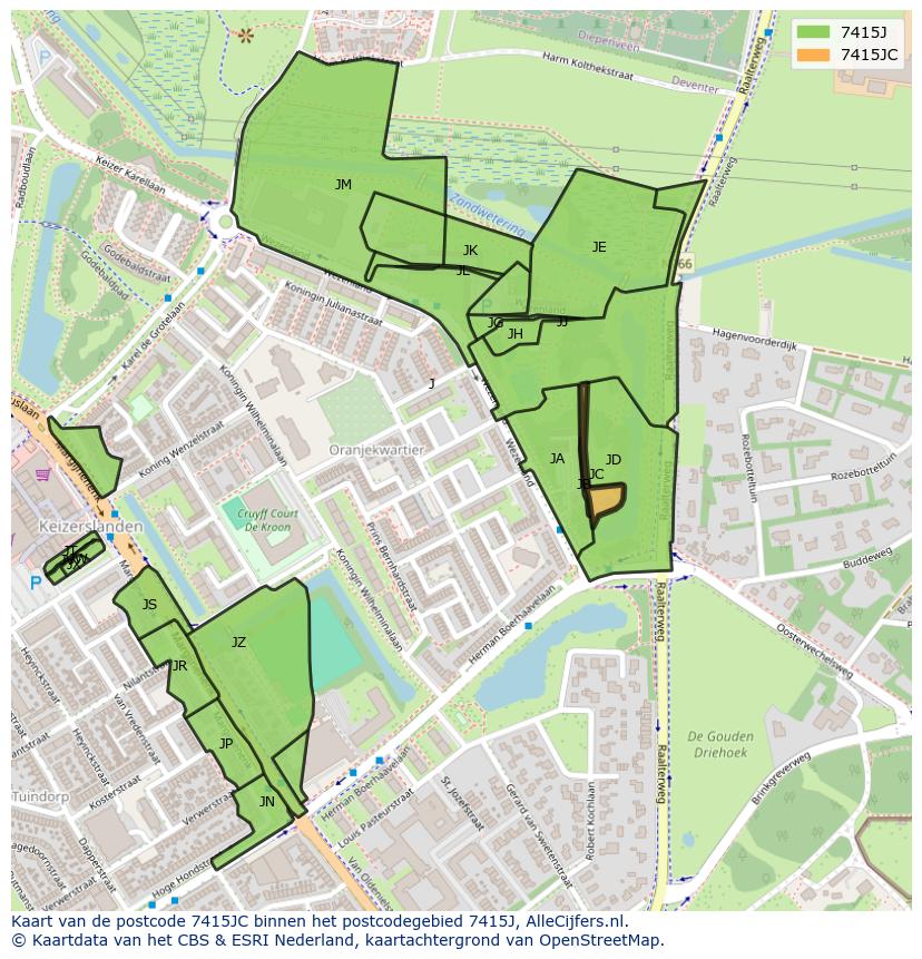 Afbeelding van het postcodegebied 7415 JC op de kaart.