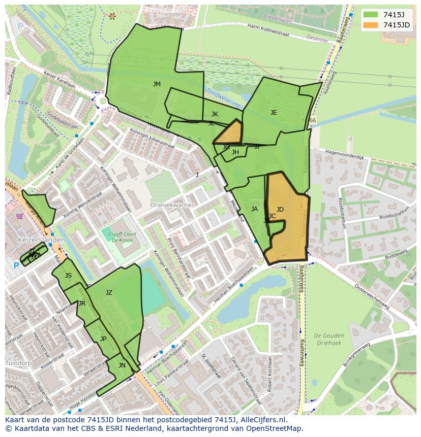 Afbeelding van het postcodegebied 7415 JD op de kaart.