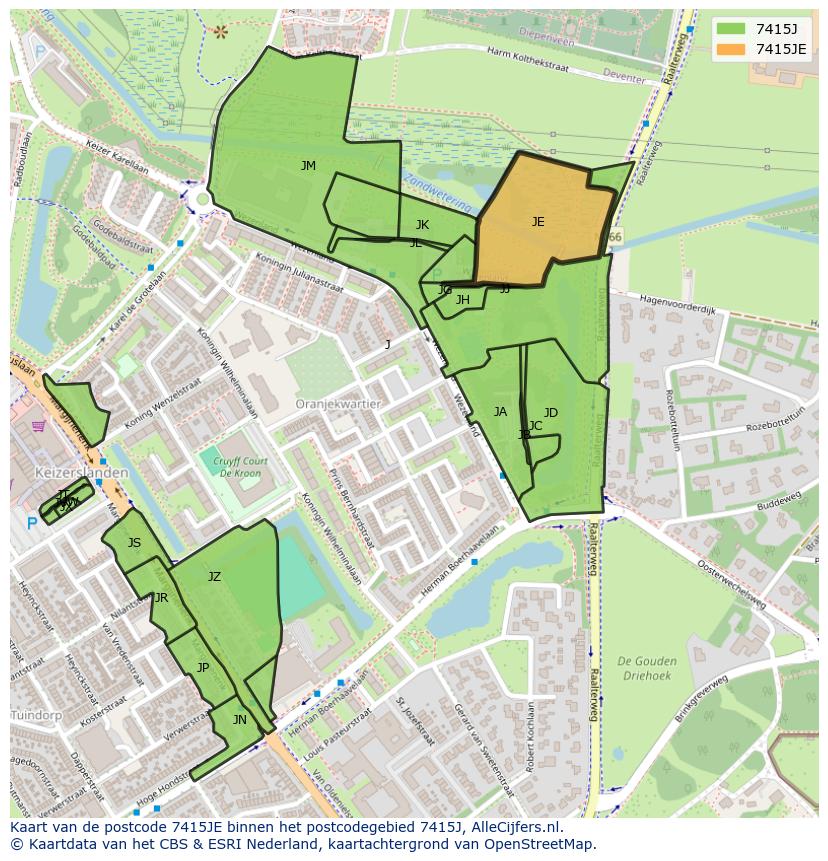 Afbeelding van het postcodegebied 7415 JE op de kaart.