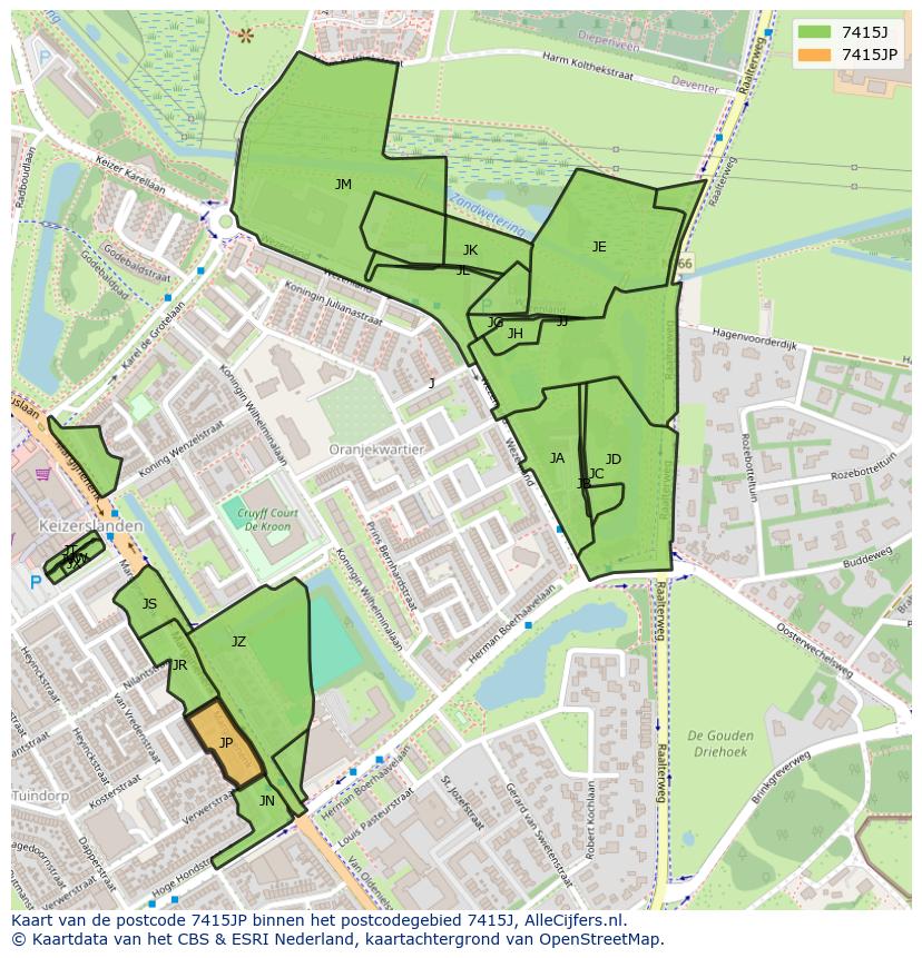 Afbeelding van het postcodegebied 7415 JP op de kaart.