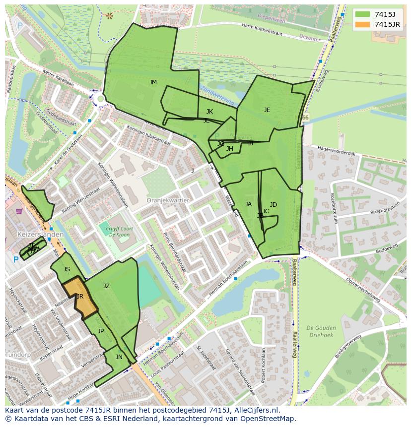 Afbeelding van het postcodegebied 7415 JR op de kaart.