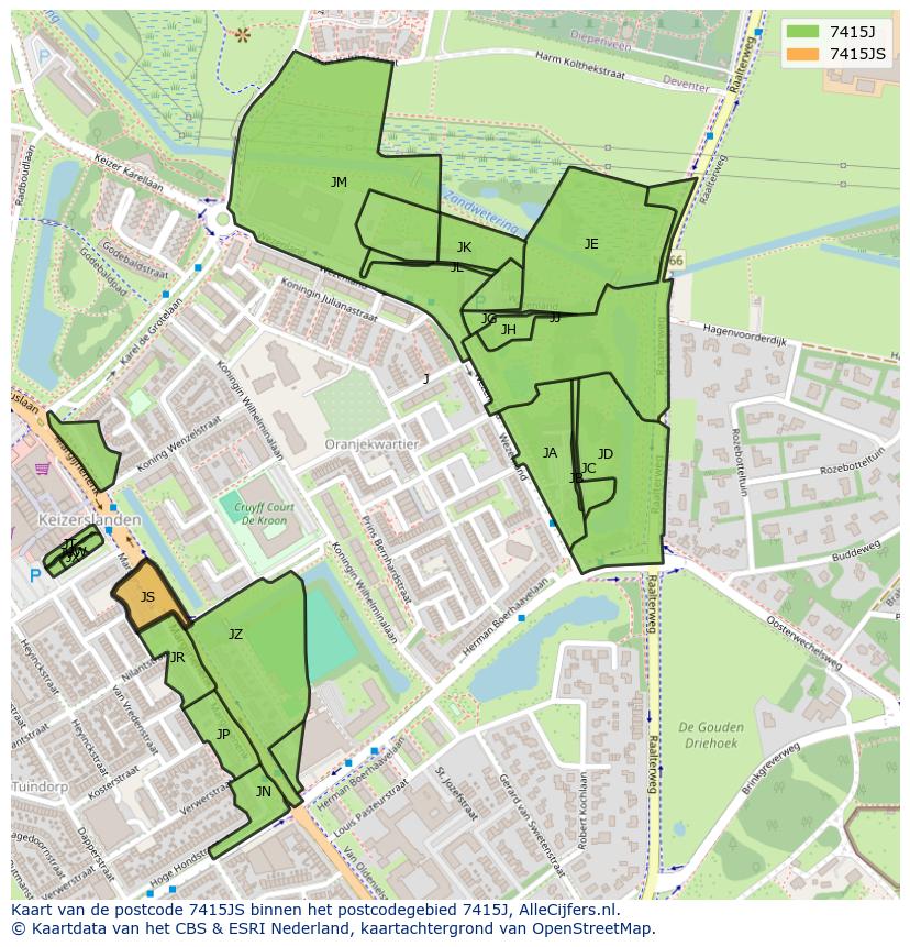Afbeelding van het postcodegebied 7415 JS op de kaart.