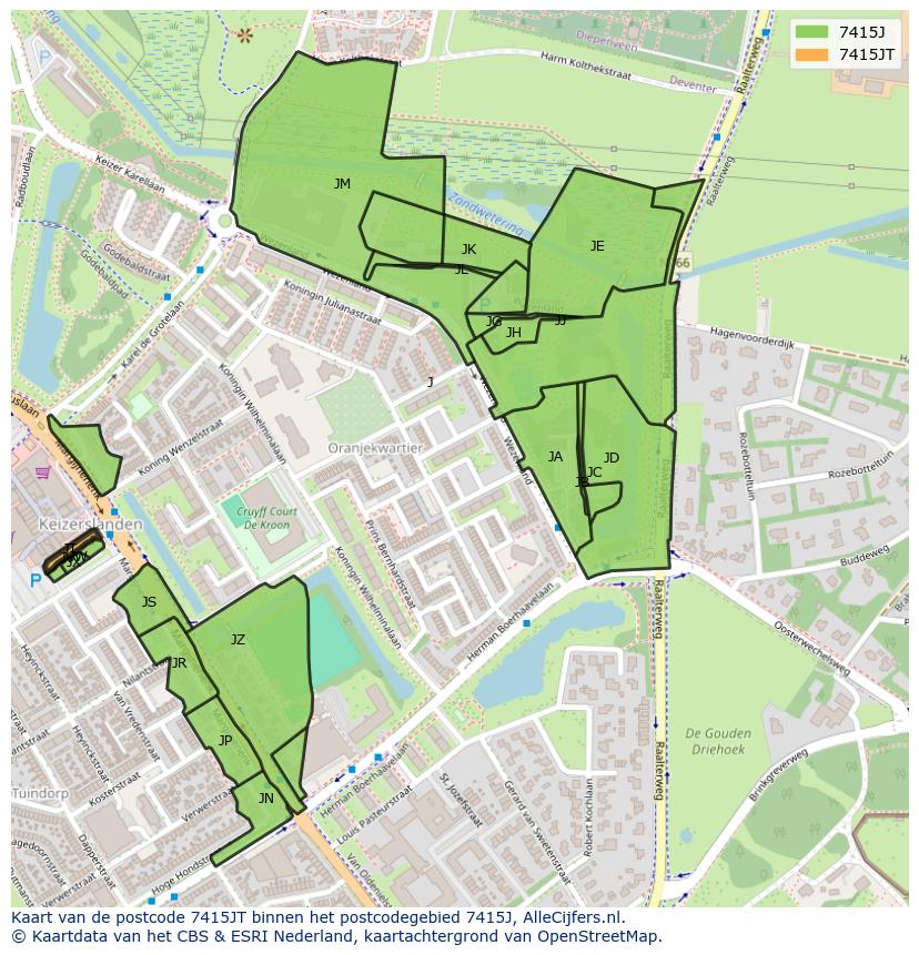Afbeelding van het postcodegebied 7415 JT op de kaart.