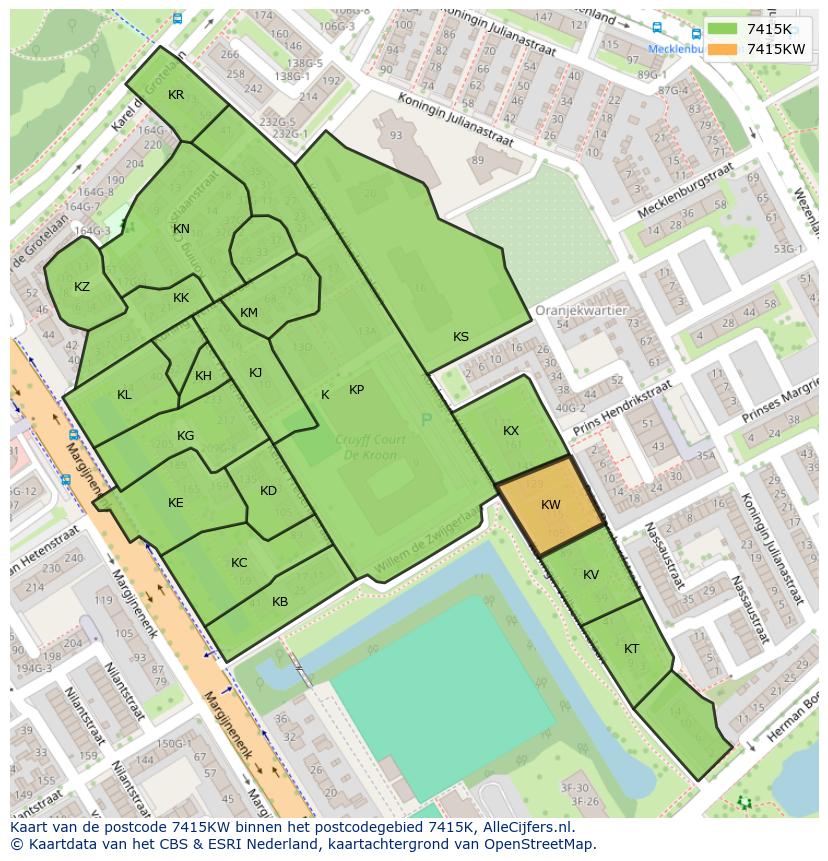 Afbeelding van het postcodegebied 7415 KW op de kaart.