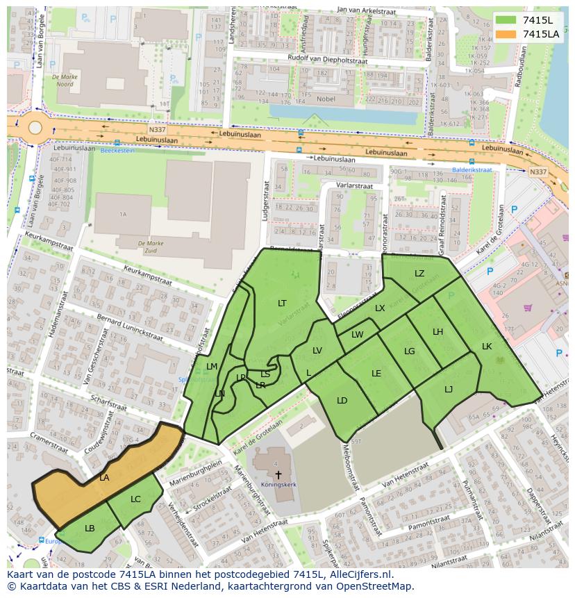 Afbeelding van het postcodegebied 7415 LA op de kaart.