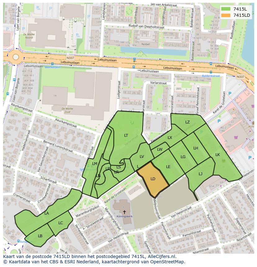Afbeelding van het postcodegebied 7415 LD op de kaart.