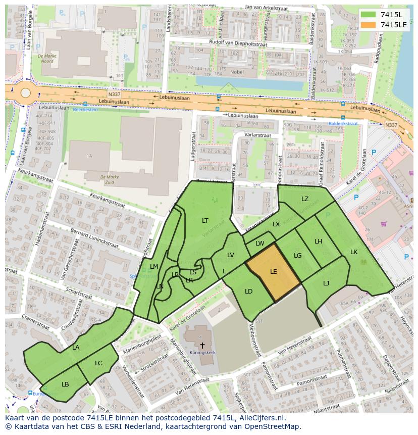 Afbeelding van het postcodegebied 7415 LE op de kaart.