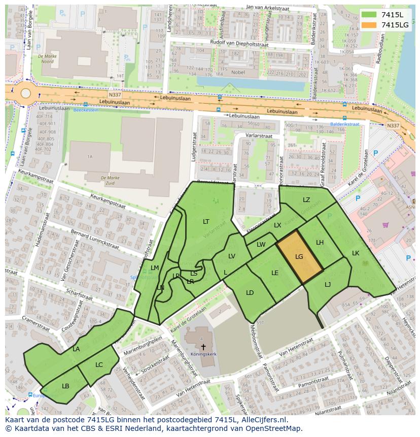 Afbeelding van het postcodegebied 7415 LG op de kaart.