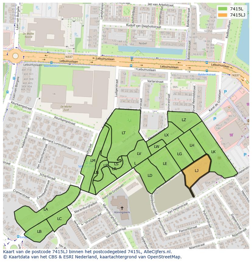 Afbeelding van het postcodegebied 7415 LJ op de kaart.