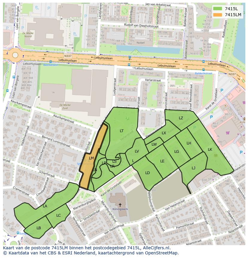 Afbeelding van het postcodegebied 7415 LM op de kaart.