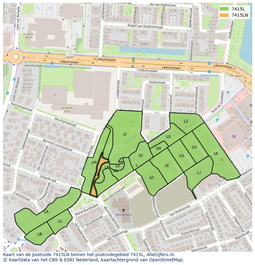 Afbeelding van het postcodegebied 7415 LN op de kaart.