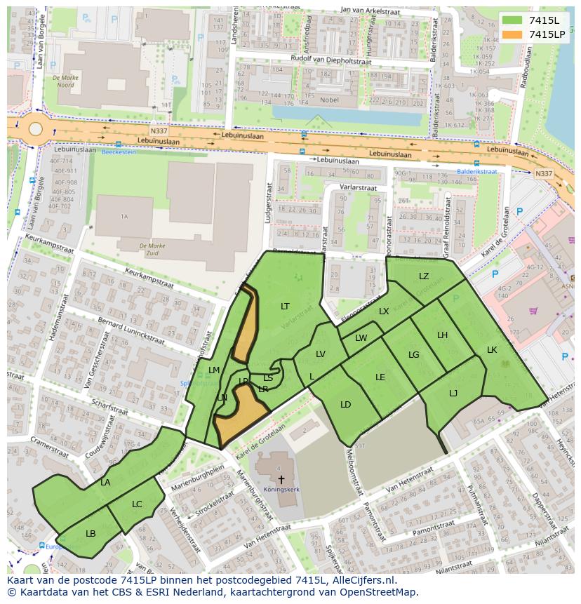 Afbeelding van het postcodegebied 7415 LP op de kaart.