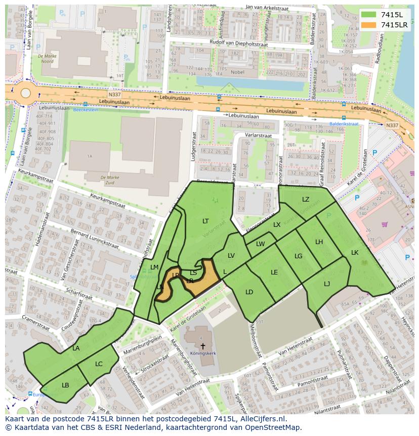 Afbeelding van het postcodegebied 7415 LR op de kaart.