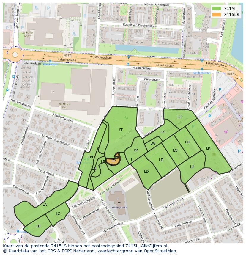 Afbeelding van het postcodegebied 7415 LS op de kaart.