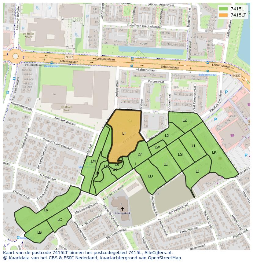 Afbeelding van het postcodegebied 7415 LT op de kaart.