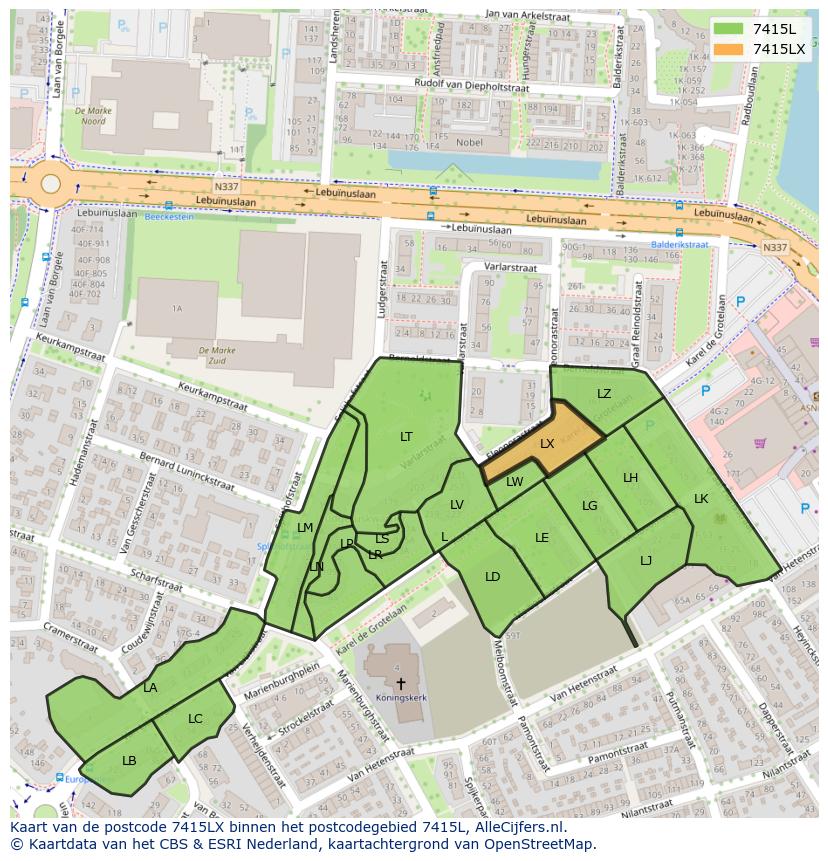 Afbeelding van het postcodegebied 7415 LX op de kaart.