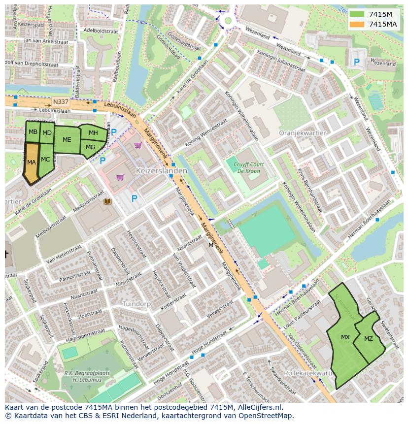 Afbeelding van het postcodegebied 7415 MA op de kaart.