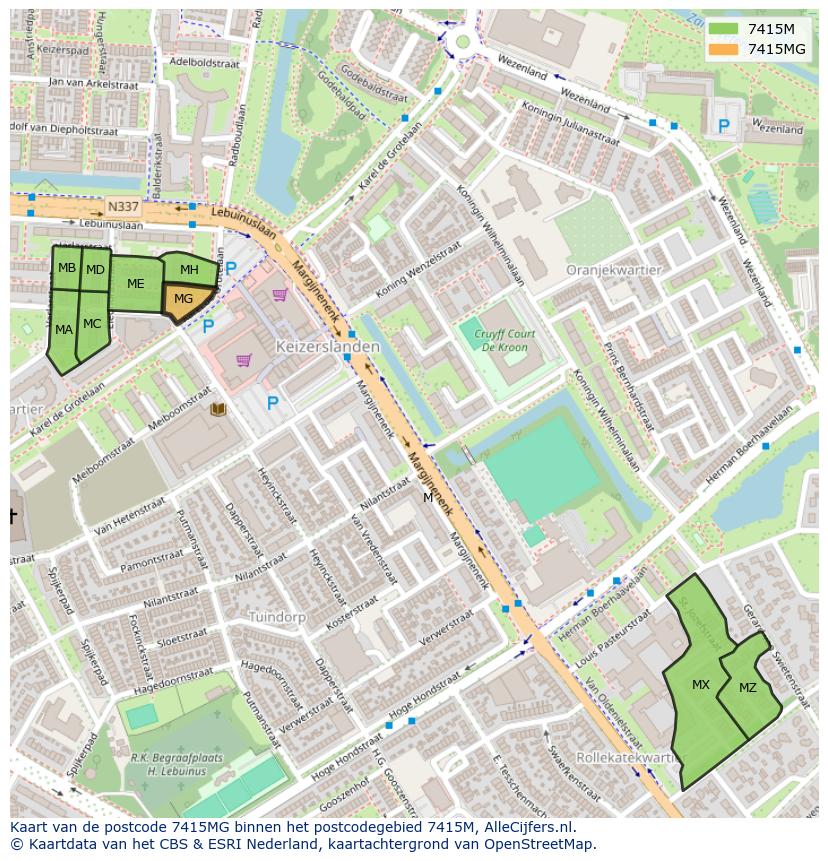 Afbeelding van het postcodegebied 7415 MG op de kaart.