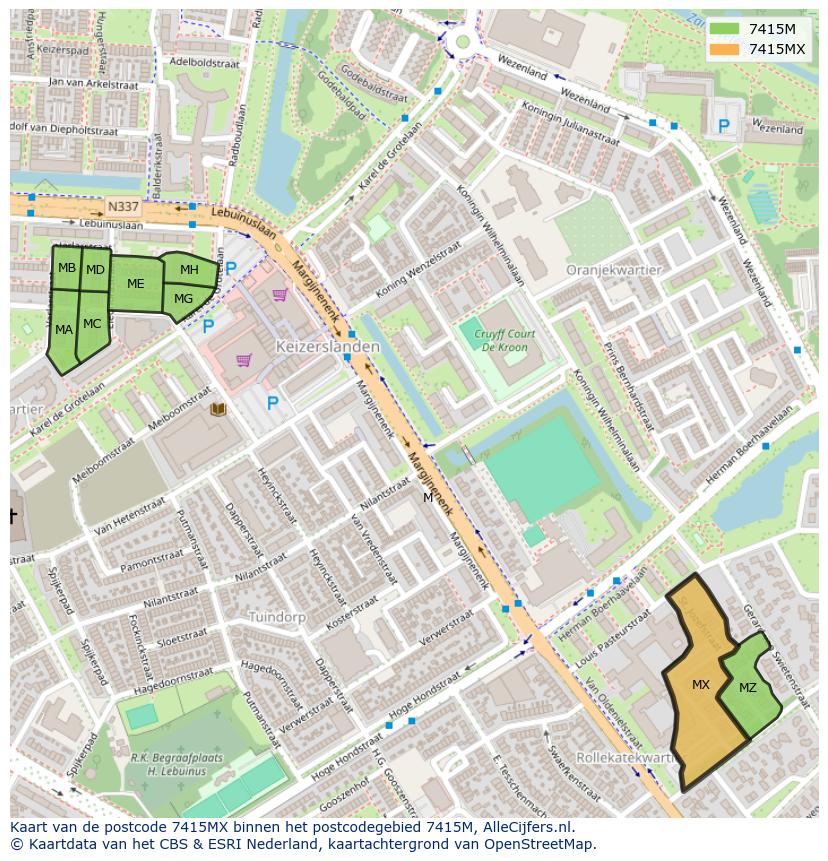 Afbeelding van het postcodegebied 7415 MX op de kaart.