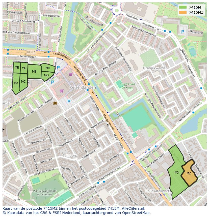 Afbeelding van het postcodegebied 7415 MZ op de kaart.
