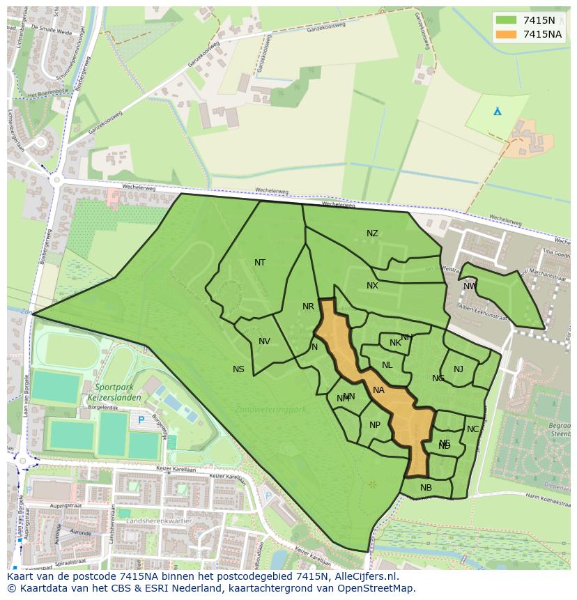 Afbeelding van het postcodegebied 7415 NA op de kaart.
