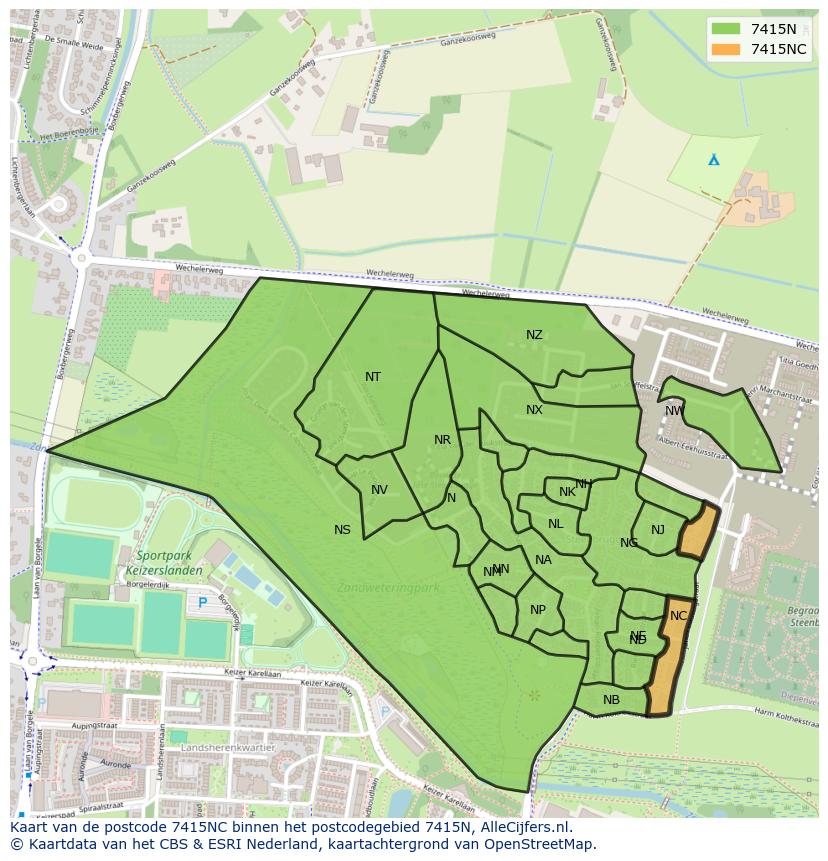 Afbeelding van het postcodegebied 7415 NC op de kaart.