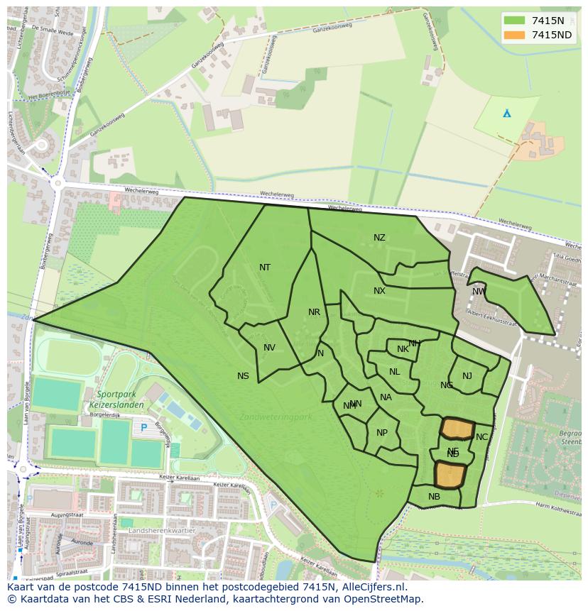 Afbeelding van het postcodegebied 7415 ND op de kaart.