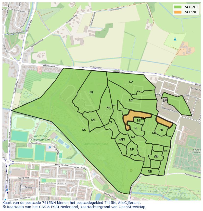 Afbeelding van het postcodegebied 7415 NH op de kaart.