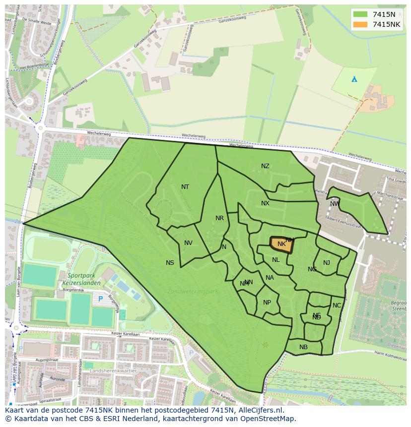 Afbeelding van het postcodegebied 7415 NK op de kaart.