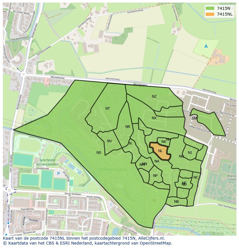 Afbeelding van het postcodegebied 7415 NL op de kaart.