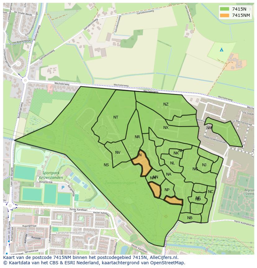 Afbeelding van het postcodegebied 7415 NM op de kaart.