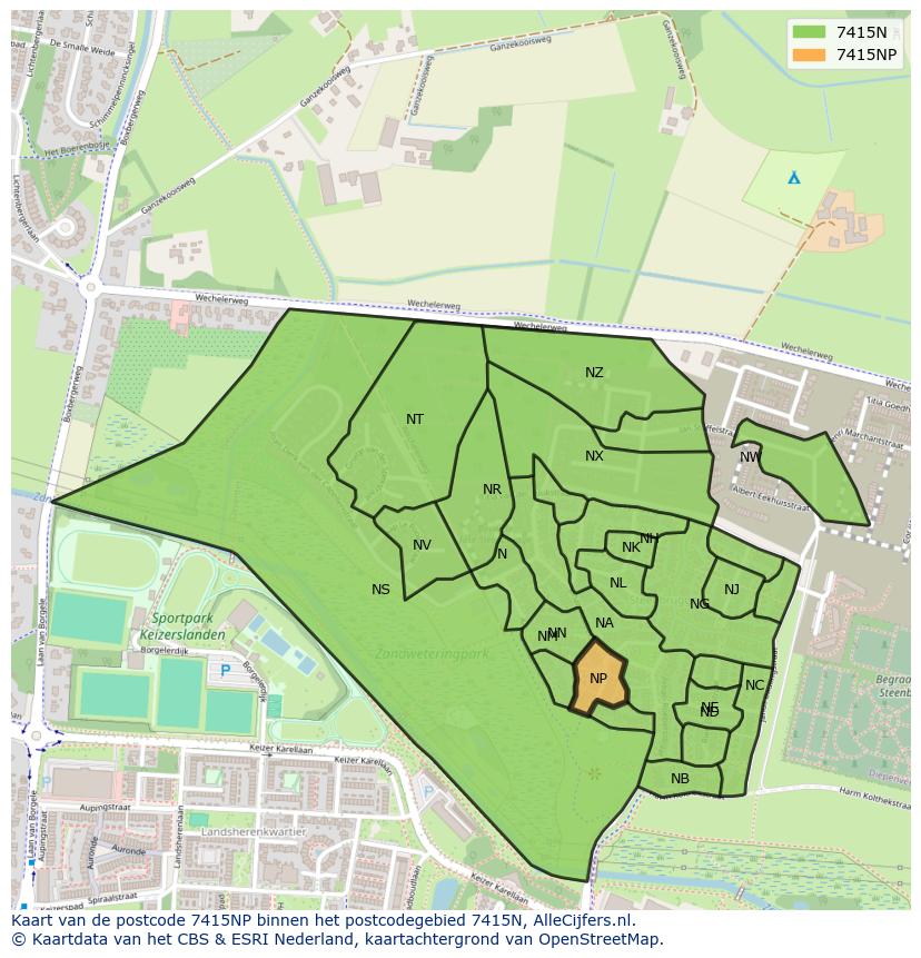 Afbeelding van het postcodegebied 7415 NP op de kaart.
