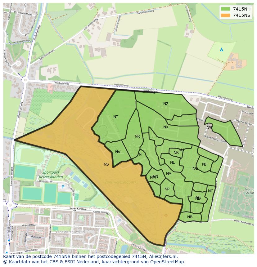 Afbeelding van het postcodegebied 7415 NS op de kaart.