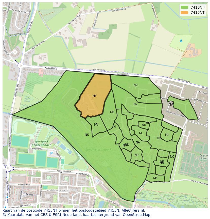 Afbeelding van het postcodegebied 7415 NT op de kaart.