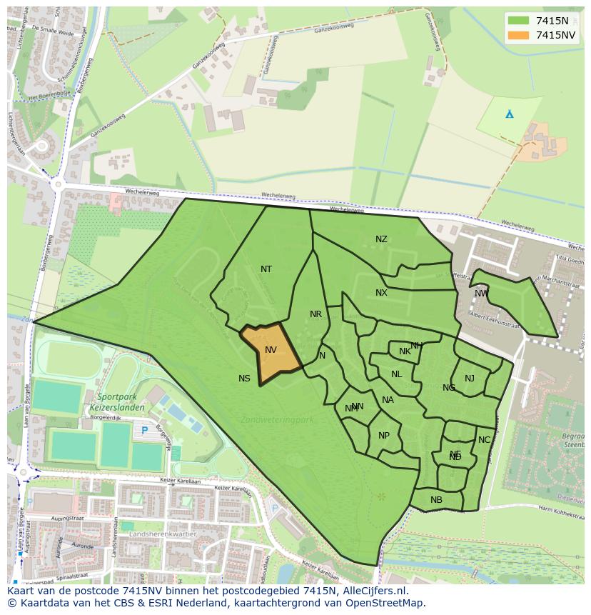 Afbeelding van het postcodegebied 7415 NV op de kaart.