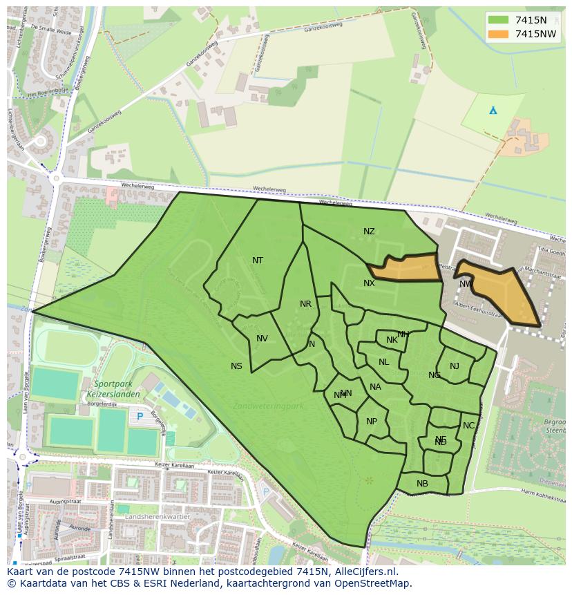 Afbeelding van het postcodegebied 7415 NW op de kaart.