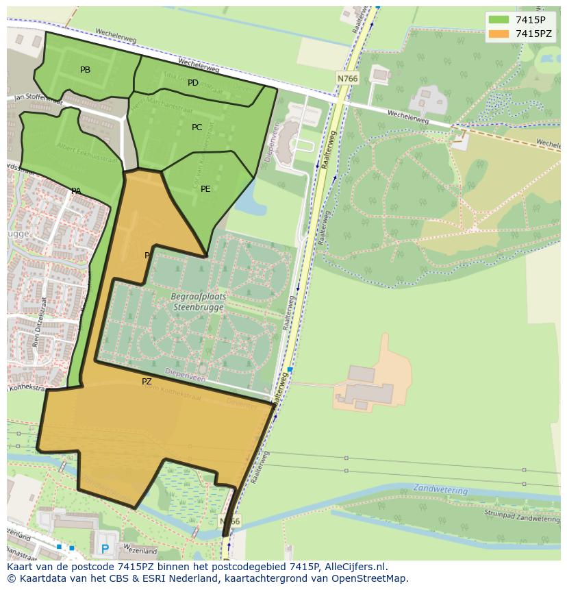 Afbeelding van het postcodegebied 7415 PZ op de kaart.