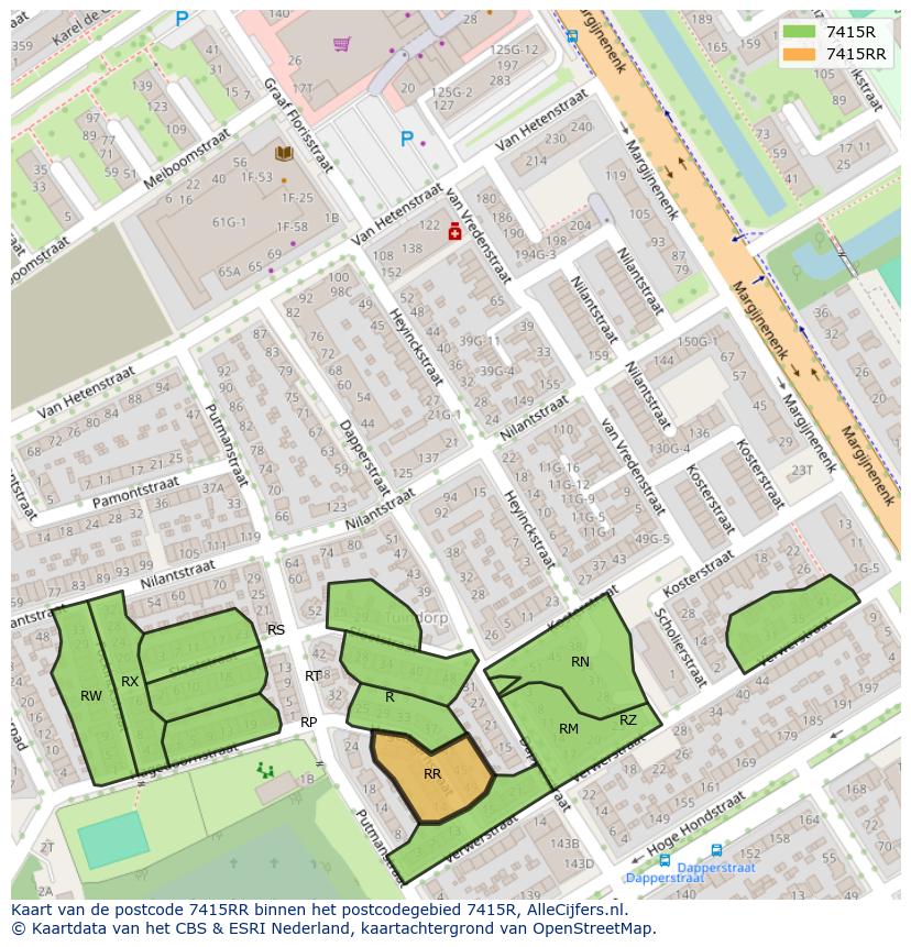Afbeelding van het postcodegebied 7415 RR op de kaart.