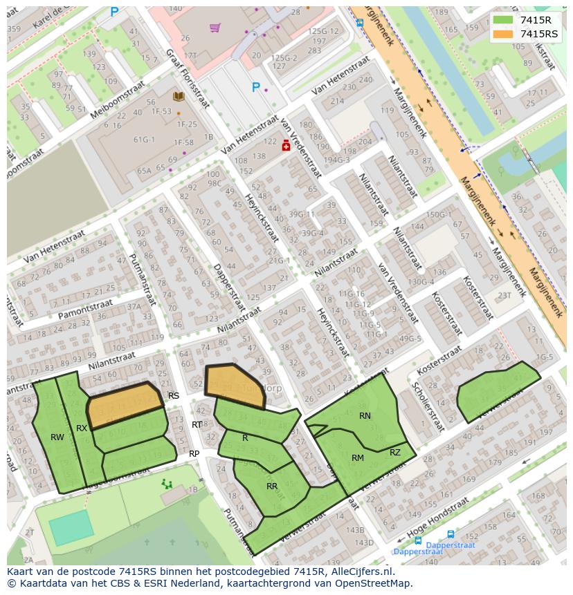 Afbeelding van het postcodegebied 7415 RS op de kaart.