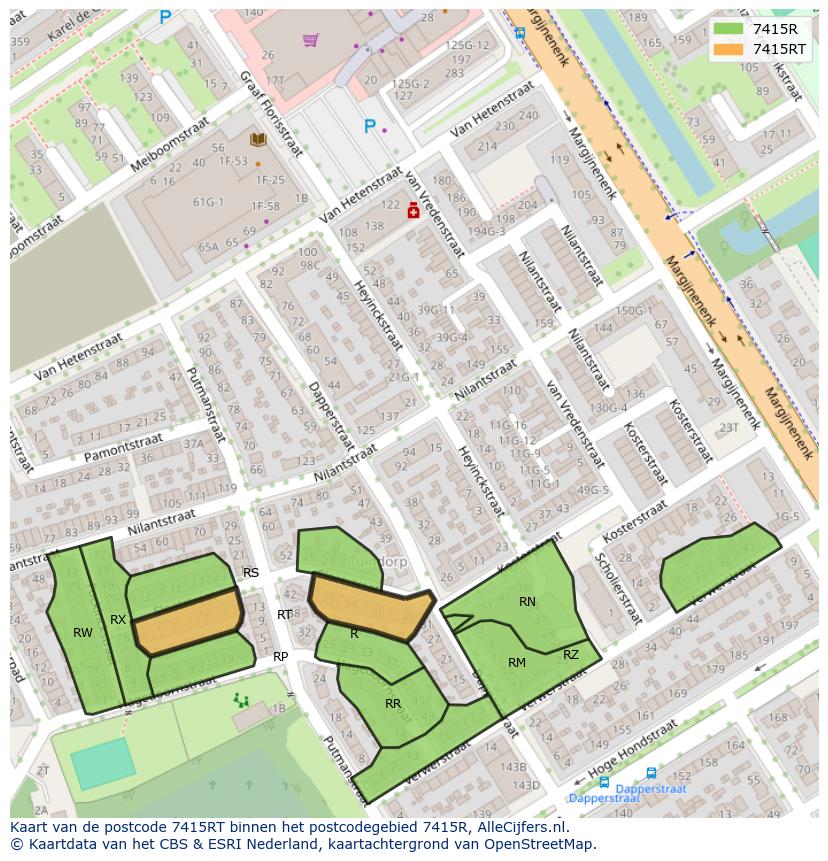 Afbeelding van het postcodegebied 7415 RT op de kaart.