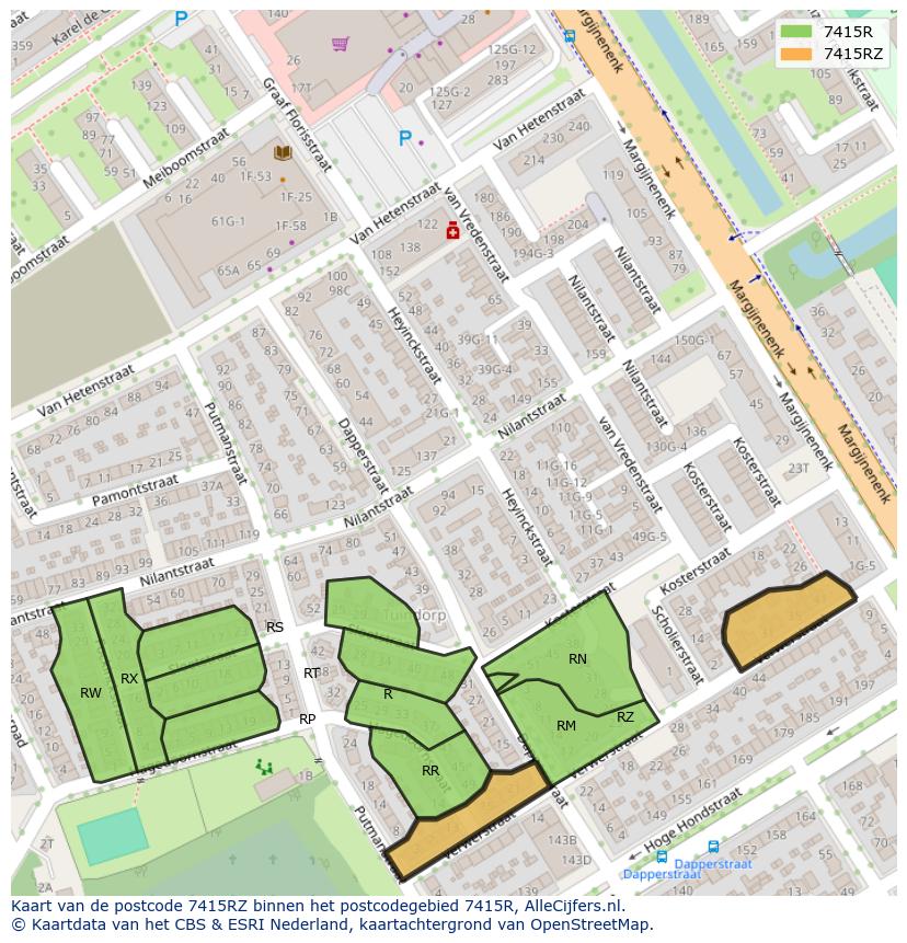 Afbeelding van het postcodegebied 7415 RZ op de kaart.