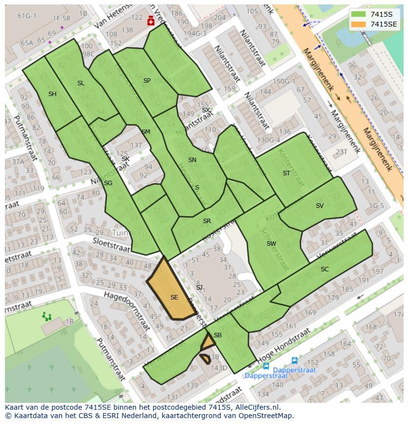 Afbeelding van het postcodegebied 7415 SE op de kaart.