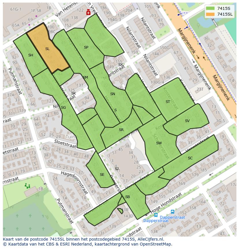 Afbeelding van het postcodegebied 7415 SL op de kaart.