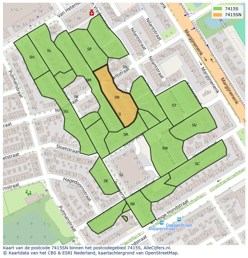 Afbeelding van het postcodegebied 7415 SN op de kaart.