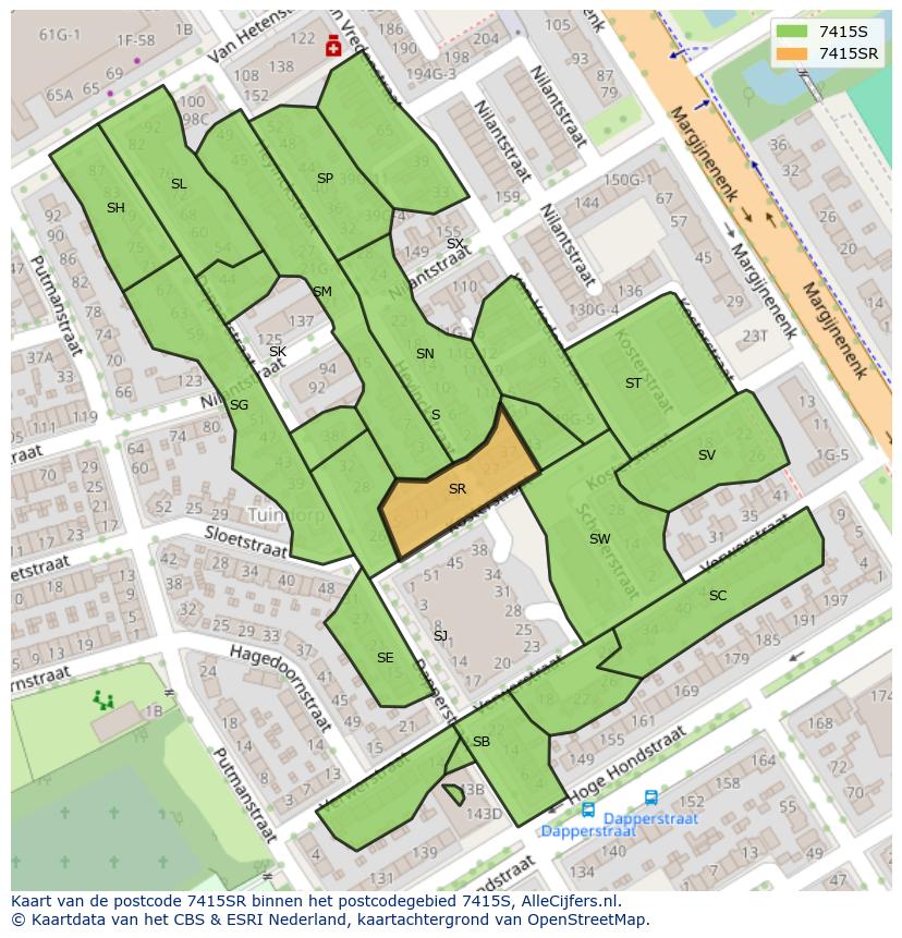 Afbeelding van het postcodegebied 7415 SR op de kaart.