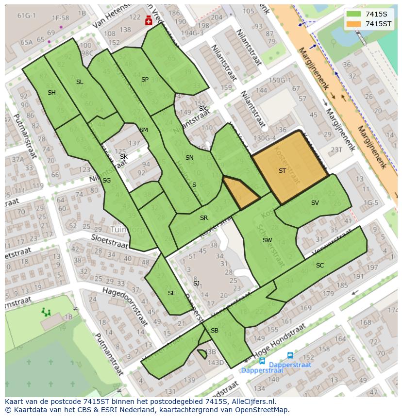 Afbeelding van het postcodegebied 7415 ST op de kaart.