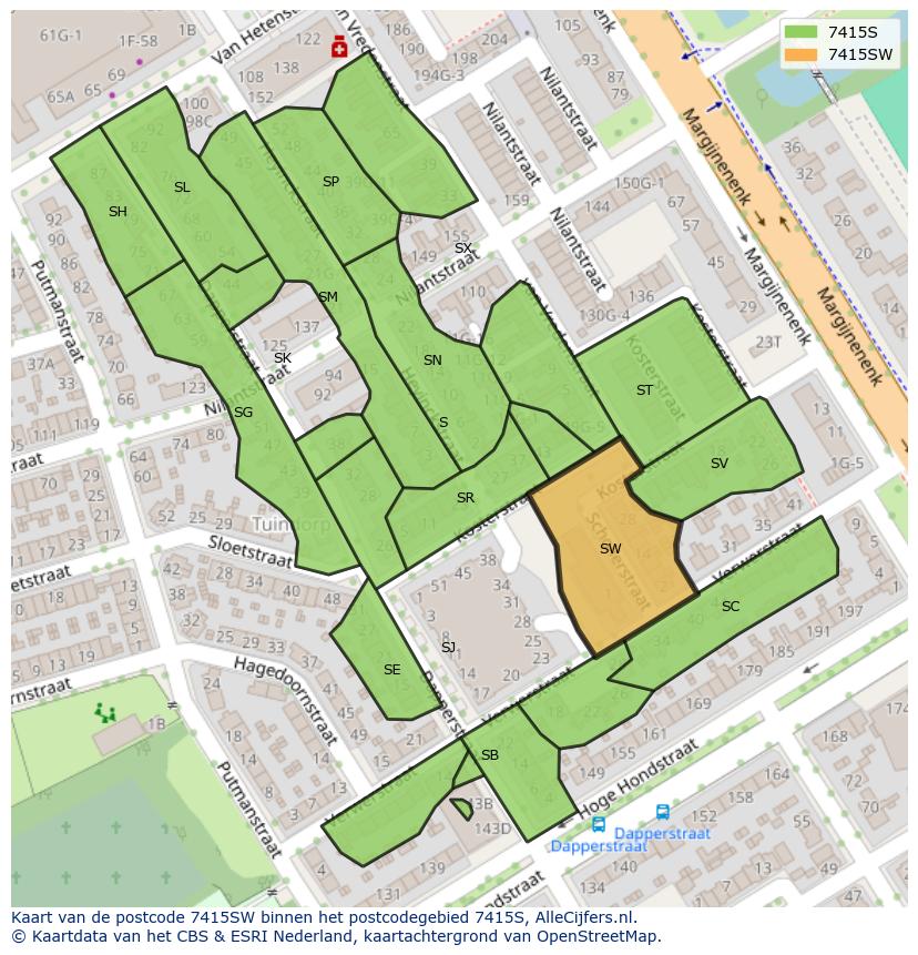 Afbeelding van het postcodegebied 7415 SW op de kaart.