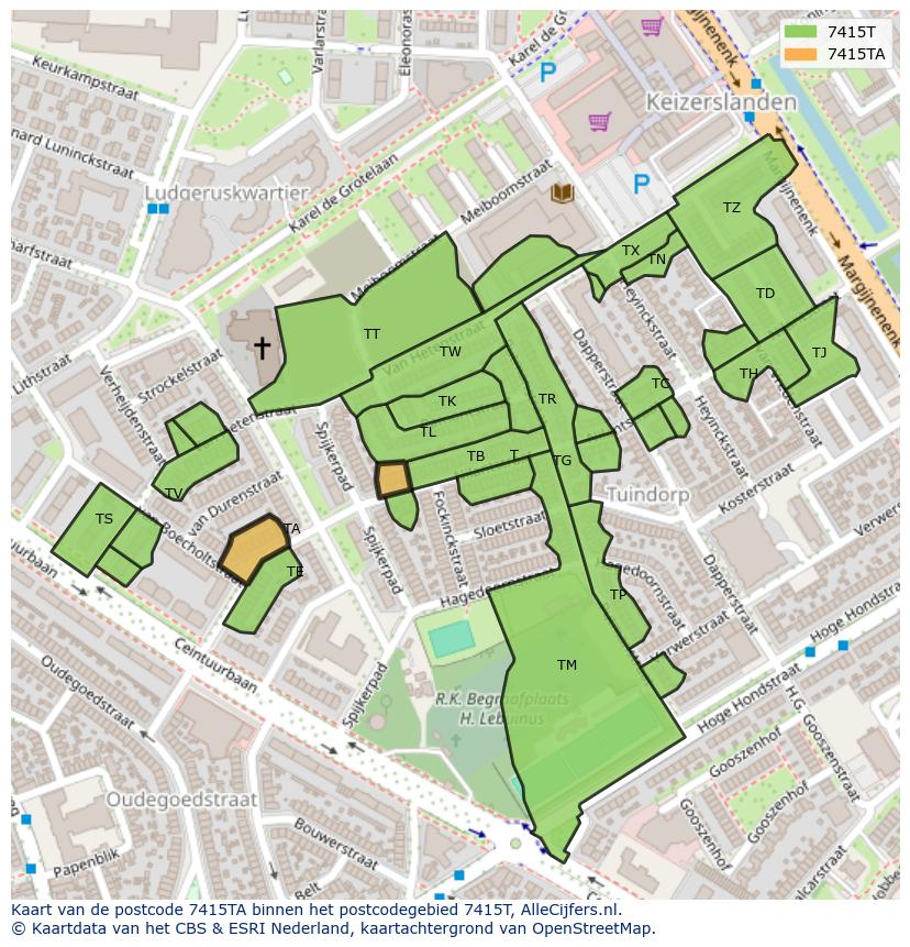 Afbeelding van het postcodegebied 7415 TA op de kaart.