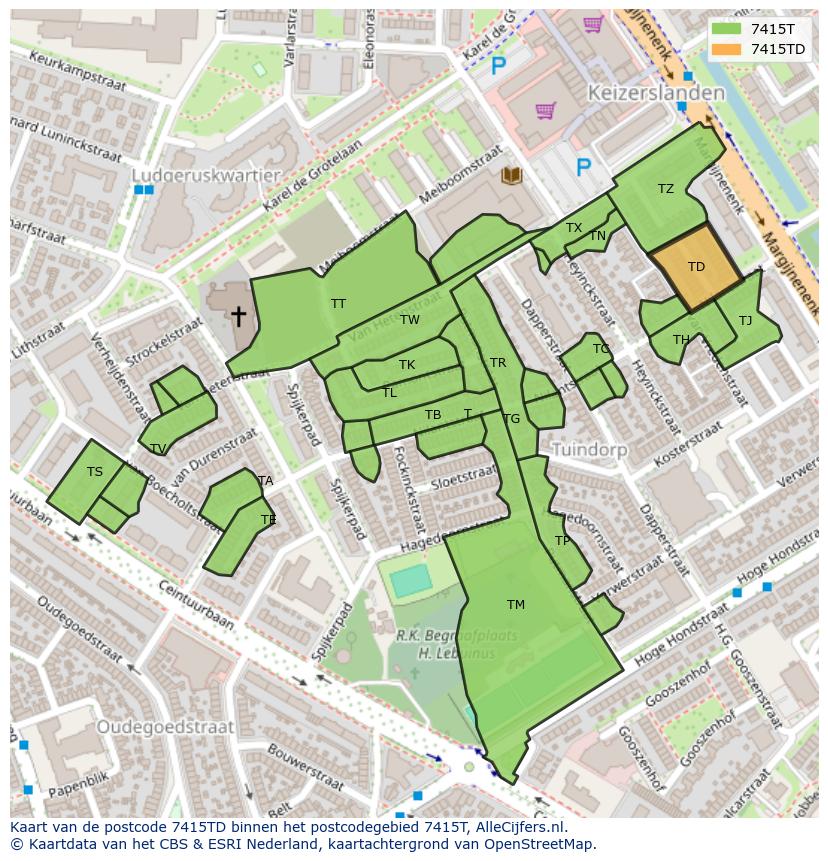 Afbeelding van het postcodegebied 7415 TD op de kaart.